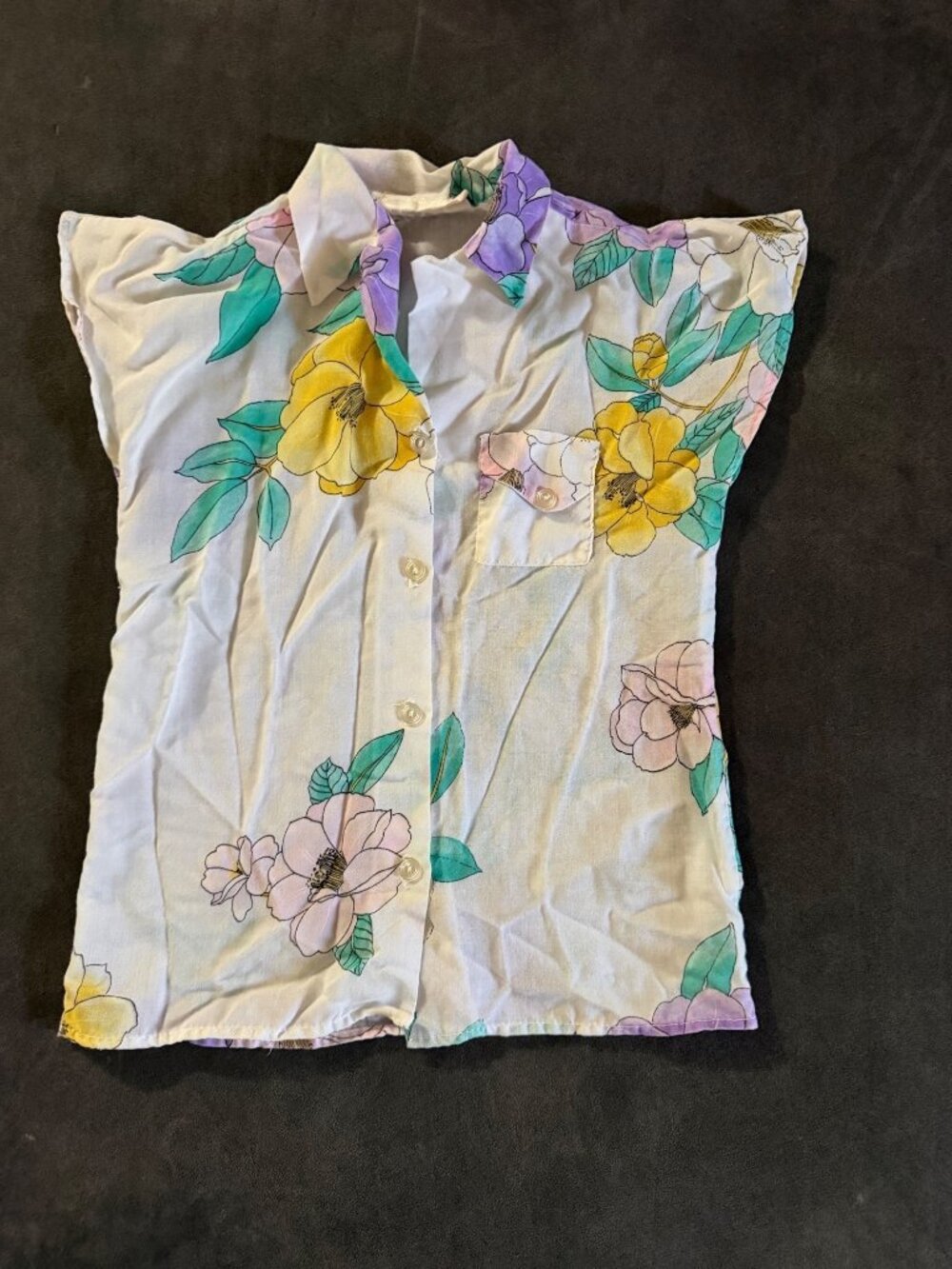 Vintage Ms. Chic Floral Button-Up Sleeveless Blouse Yellow & Purple Flowers